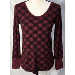 Free People We The Free Waffle Knit Long Sleeve Tee Red Black Plaid Boho